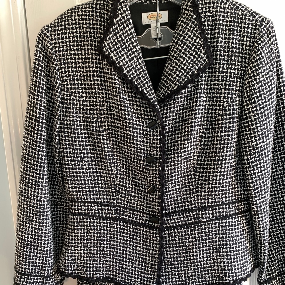 Talbot 2 pc b/w suit peplum jacket, flanged skirt